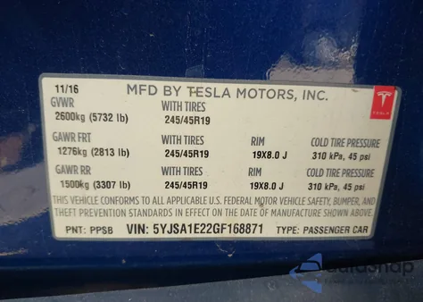 2016 Tesla Model S 60D/70D/75D/85D/90D from USA, damaged, VIN 5YJSA1E22GF168871